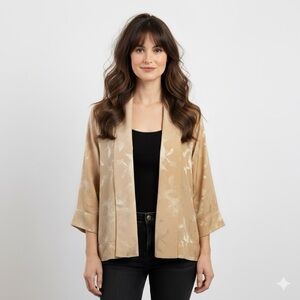 Vintage Warm Beige Silky Brocade Open Kimono Robe Jacket - Small